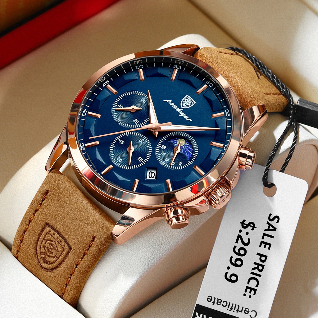 POEDAGAR Relógio Original Masculino De Couro Vaca De Quartzo Luminoso À Prova D'água Três Olhos Seis Agulhas De Cronometragem