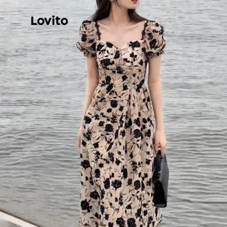 Lovito Vestido Midi com Babados, Gola Halter e Mangas Curtas para Mulheres LNA13006 (Cáqui)
