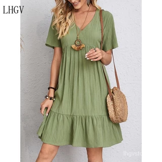 Vestido Feminino 2023 de manga curta casual de verão solto com babados