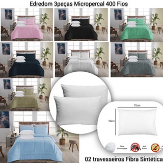 Kit Edredom Micropercal 400Fios Casal Queen 3pcs Macio Liso Toque Acetinado+ 02 Travesseiro Cheio