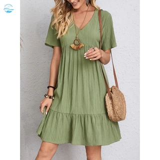 Vestido De Manga Curta Casual Verão Solto Com Babados