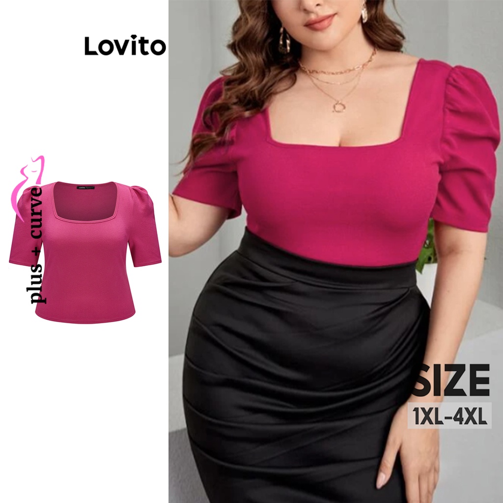 Lovito Camiseta Básica de Decote Quadrado para Mulheres de Tamanho Plus ...