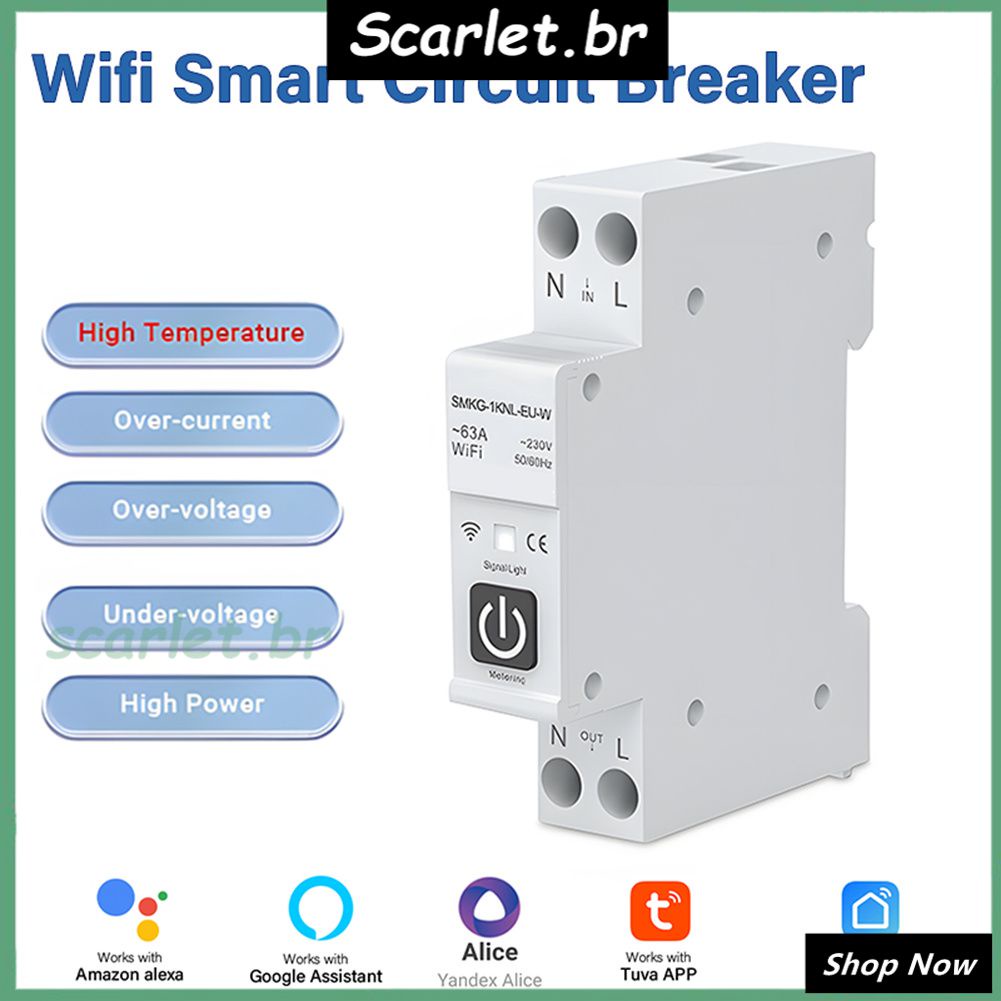 Disjuntor Inteligente WiFi 1-63A Tuya Compatível Alexa Google Home App/voice Controle Remoto Sem Fio Automação Doméstica