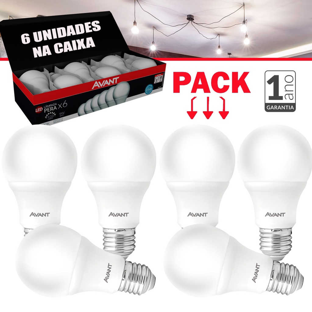 Kit 6 Lâmpada Led 9w Branco Frio E27 Bivolt Casa Comércio Avant