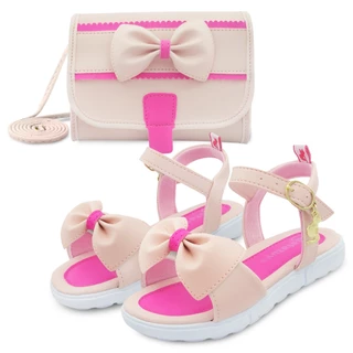 Kit Sandália Infantil Com Laço BB&Kids Com Bolsa Summer Fivela Menina Rosa/Pink
