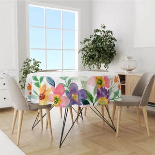 Toalha De Mesa Redonda Tecido Oxford Verde Claro Flores Coloridas Aquarela TL257 - 140x140cm