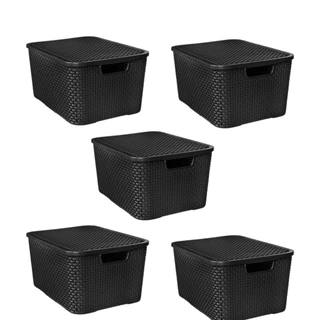 Kit 5 Caixas Organizadora Multiuso Preta 15L Rattan Com Tampa Empilhável