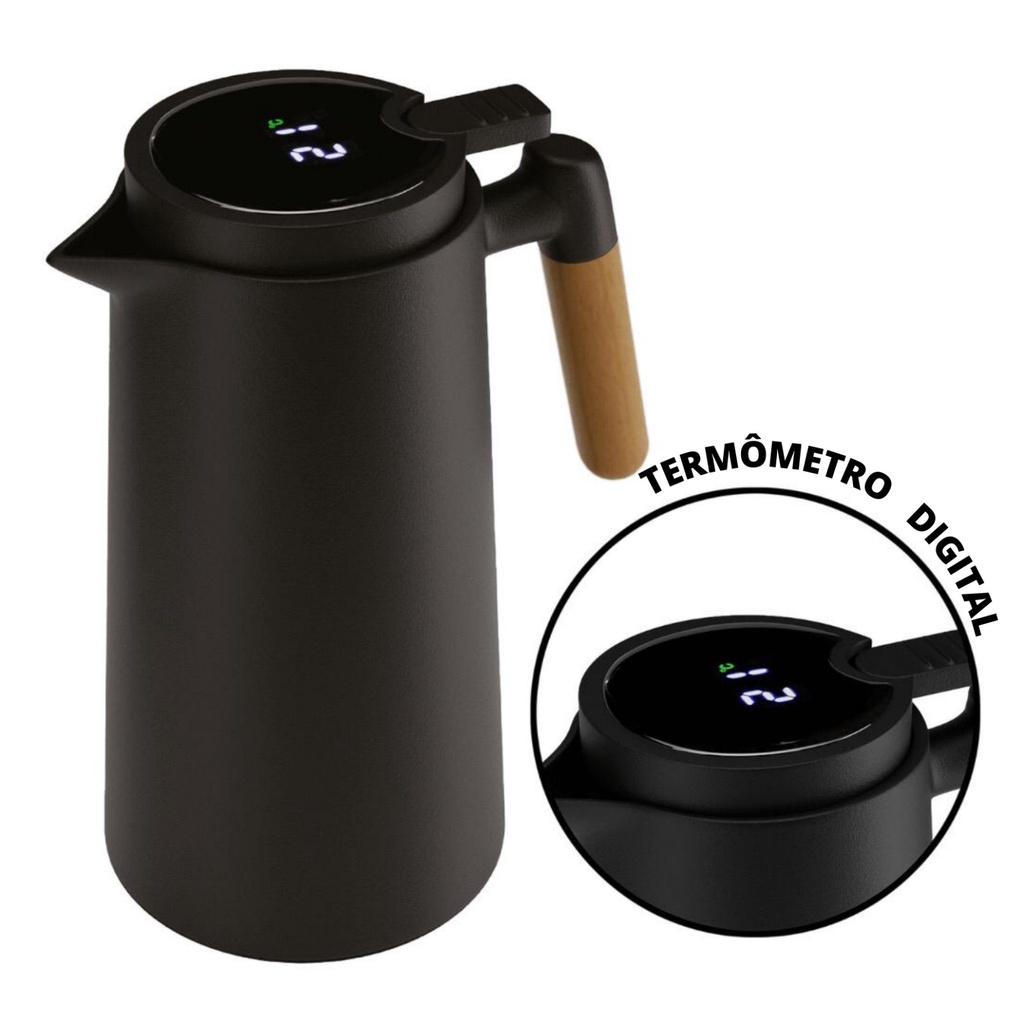 Garrafa Térmica Termometro Digital 1L Café Chá Nórdica Cabo Madeira