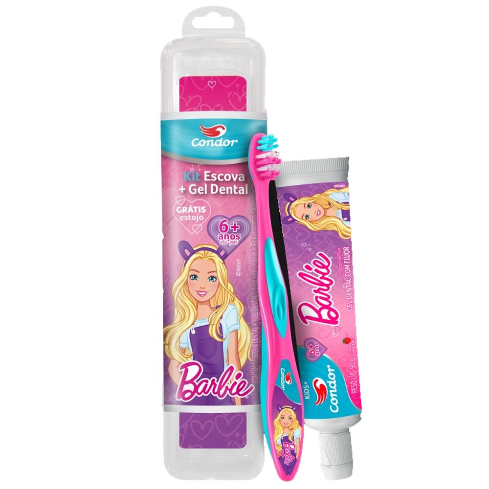 Kit Escova Dental Barbie Extra Macia Pasta de Dente Com Fluor Tutti ...