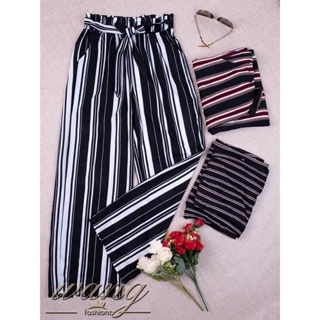 Kit 3 Peças Calça Pantalona Feminina Tecido Crepe Listrada Aleatório com amarração e bolsos