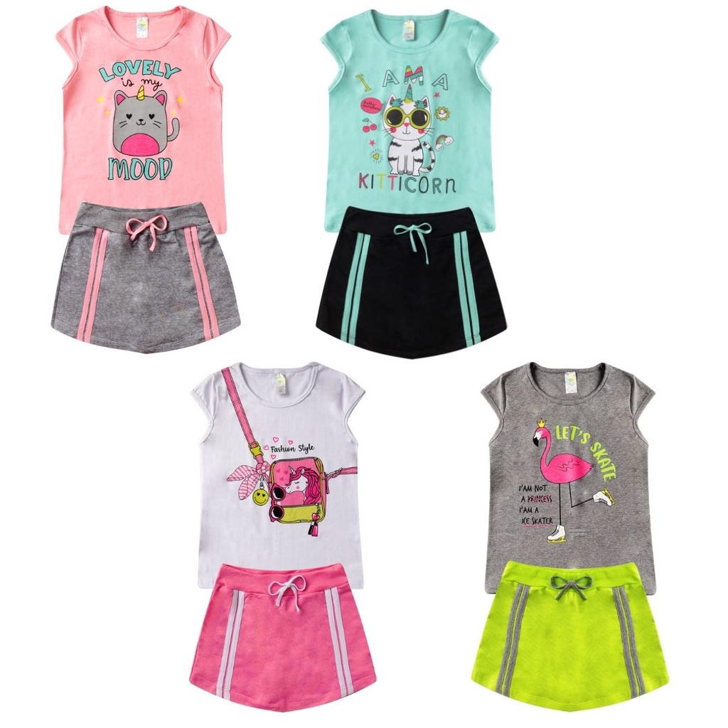 Conjunto Infantil Menina Verão kit com 1 blusa/regata + 1 bermuda tamanhos  P ao 14
