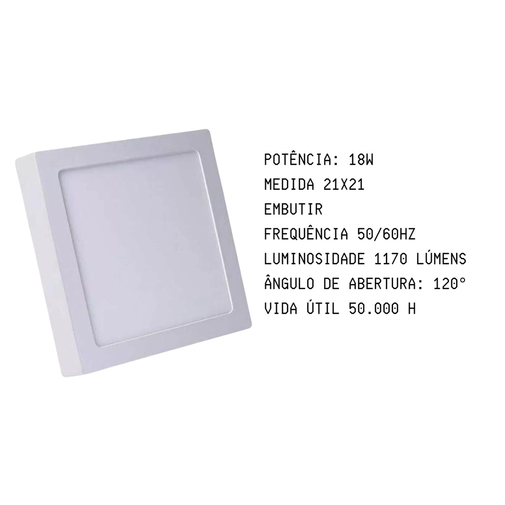 Plafon Led 18W Painel Quadrado Sobrepor Bivolt Luz