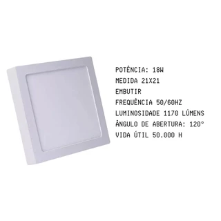 Plafon Led 18W Painel Quadrado Sobrepor Bivolt Luz