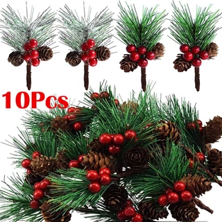 10pcs Cone De Pinho De Natal Artificial Com Ramos De Holly Para Decorações De Bagas Vermelhas Falsas Simulação De Haste De Baga Vermelha Pinecone
