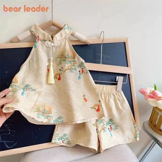 Líder Do Urso Fato De Menina Estilo Chinês 2023 Summer New 2-7 Years Girl's Sleeveless Camisole + Shorts 2pcs Set