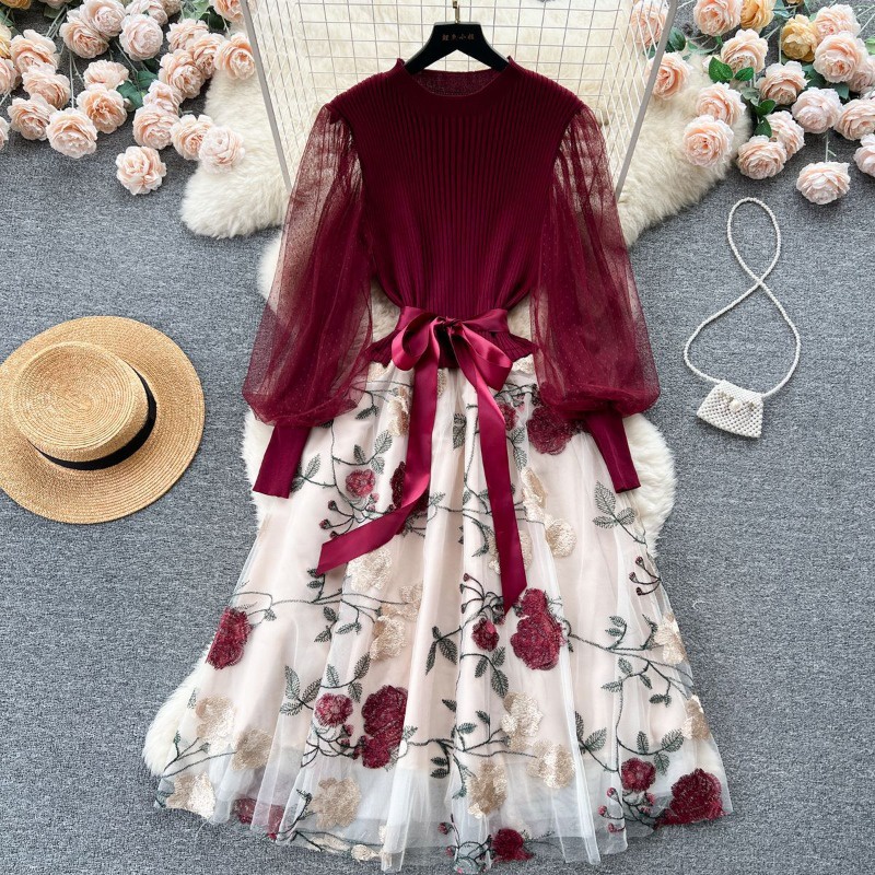 Vestido De Moda Feminino Francês Em Malha Bordado Elegante Primavera Outono Vintage Slim Linha A Longo