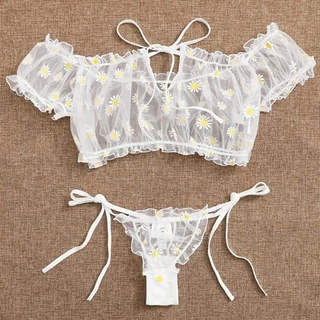 CATCH Fato De Lingerie Feminino Sexy Floral Impressão Corte Em Malha Top Tie-Waist Thong-Panty YOU