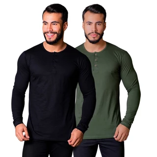 Kit 2 Camisetas Henley Gola Portuguesa Manga Longa Slim