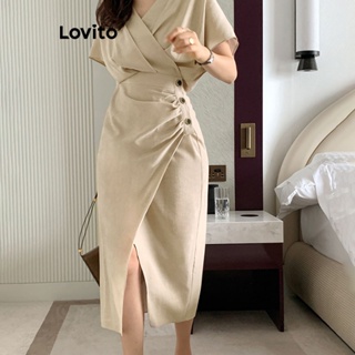 Lovito Casual Vestido com Amarração Assimétrica e Botões para Mulheres LNE20031 (Cáqui Claro)