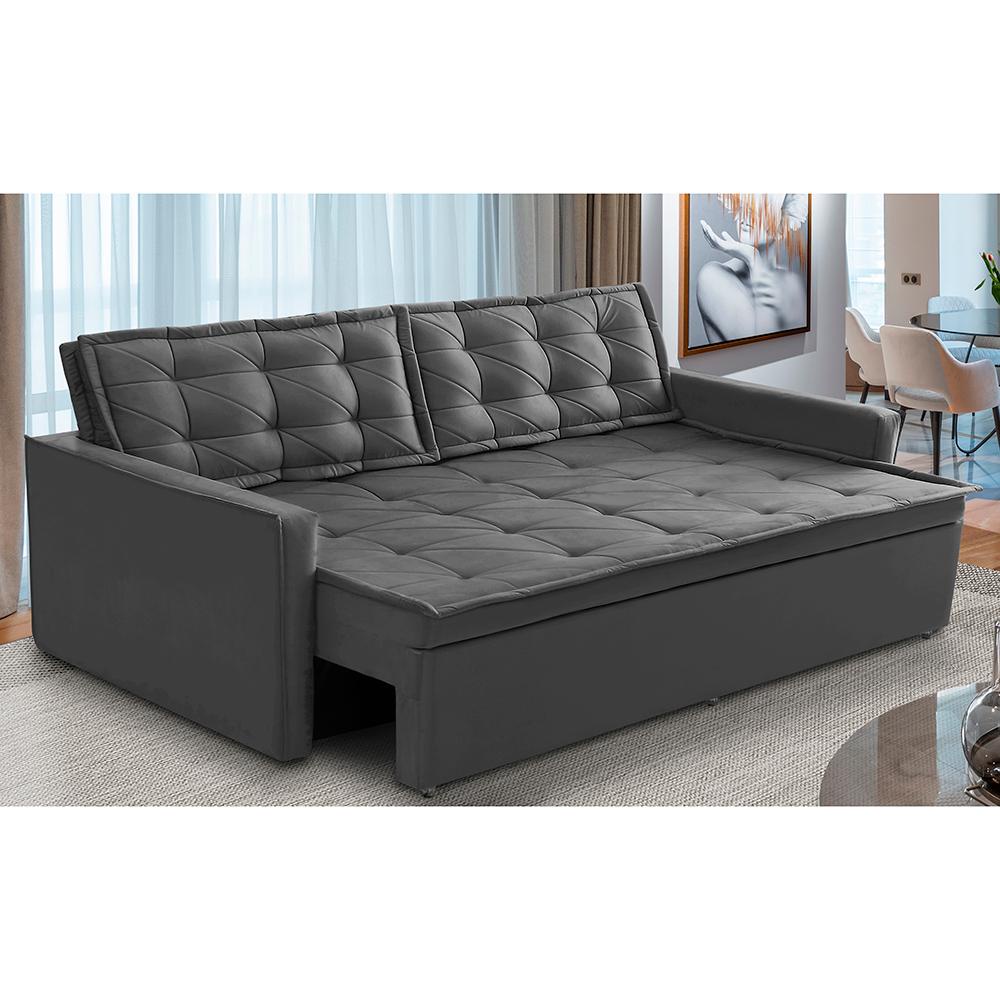 Sofá Cama Retrátil e Reclinável 1,90m com Molas Luara Suede Cinza Adonai Estofados