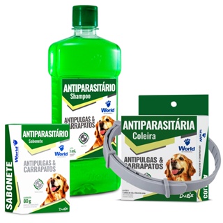 Kit Anti Pulgas e Carrapatos Shampoo Coleira Sabonete P/cães e Gatos World Dug