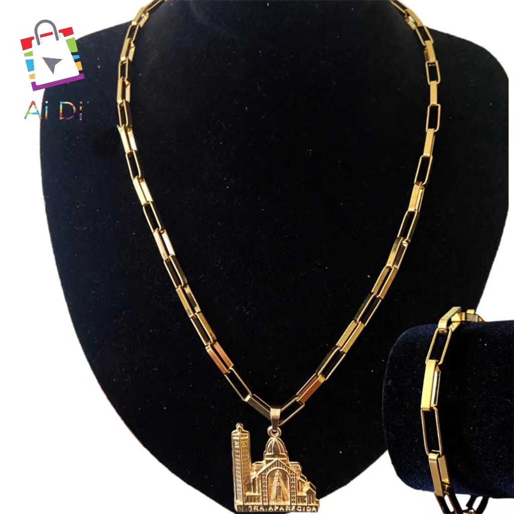 Kit Masculino: Corrente e Pulseira Banhadas a Ouro 18k com Elo Vazado e Pingente Nossa Senhora