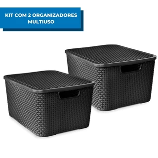 Kit com 2 Organizadores Rattan Com Tampa 15 Litros Arqplast Preto Multiuso Para Armazenar Objetos em Oferta na Shopee