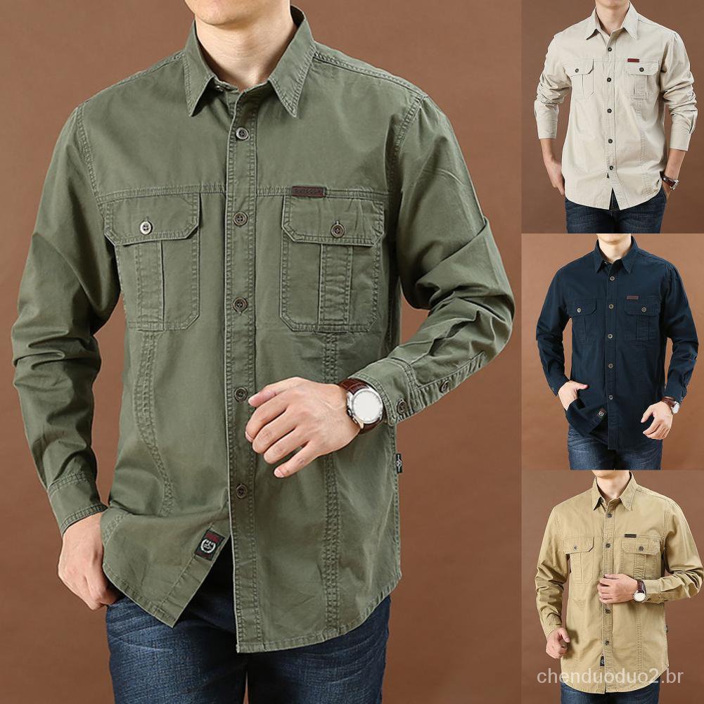 Camisa De Bolso Militar Casual Solta Grande Para Homens Negócios Social Moda Sólida Manga Longa De Primavera Outono