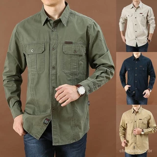 Camisa De Bolso Militar Casual Solta Grande Para Homens Negócios Social Moda Sólida Manga Longa De Primavera Outono