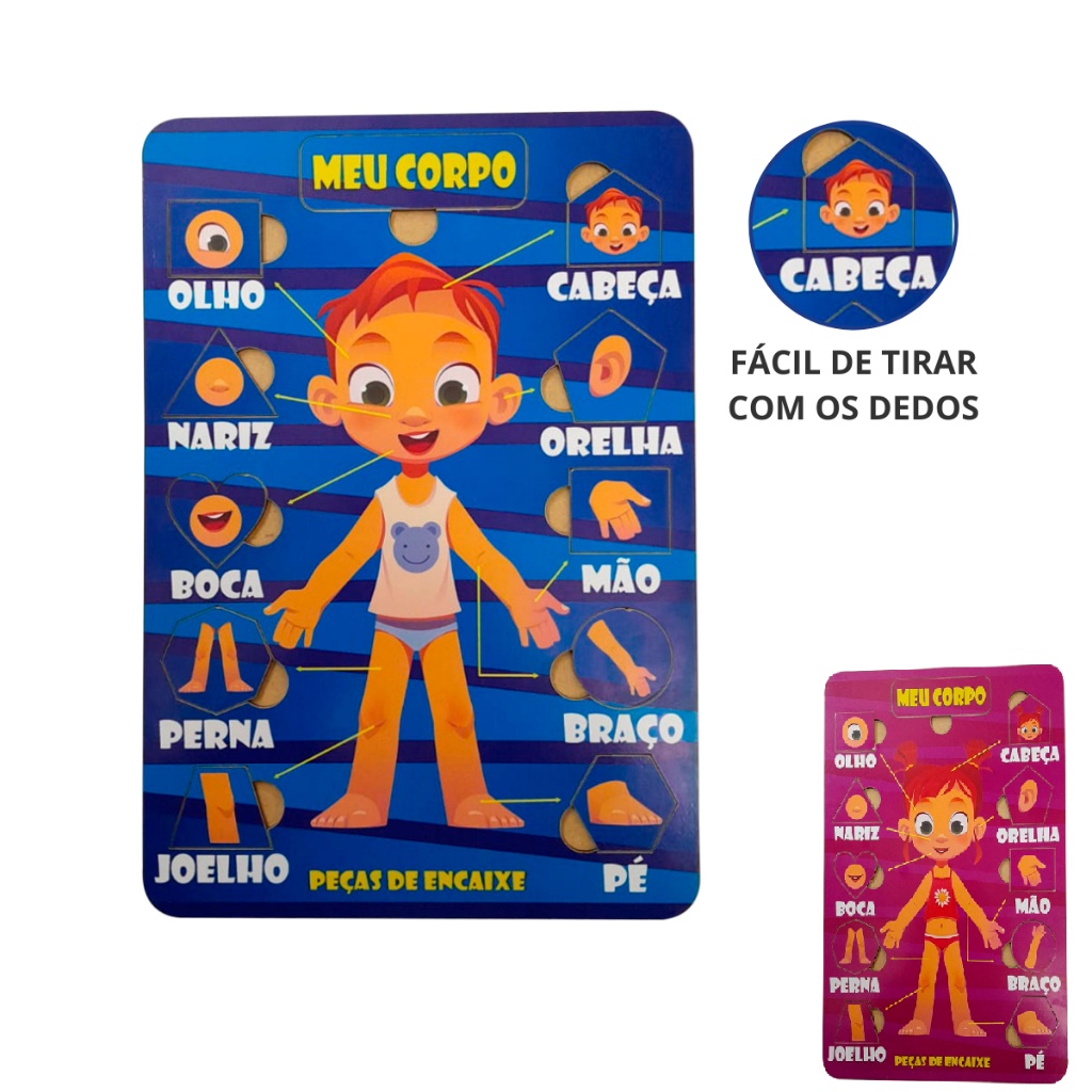 Brinquedo Educativo Tabuleiro Meu Corpo Humano em MDF Meninos e Meninas - Cor azul e Rosa
