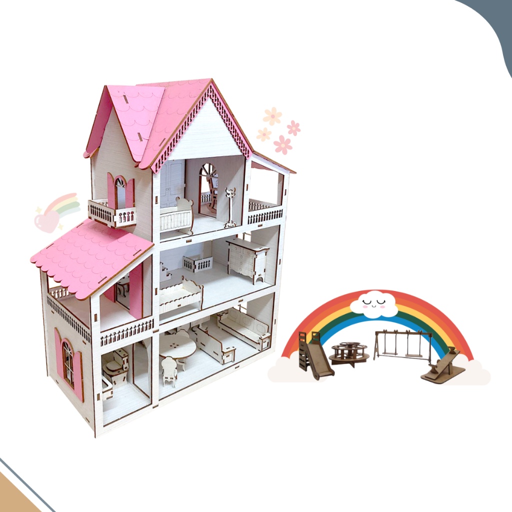Casa de Boneca com Moveis e Parquinho Miniatura Casinha Brinquedo Kids Infantil mdf acabamento e pintura premium
