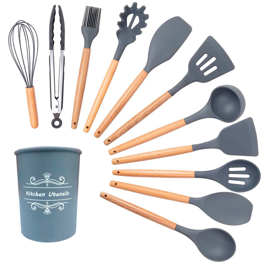 Kit 12 Utensílios De Cozinha Em Silicone E Cabo De Madeira