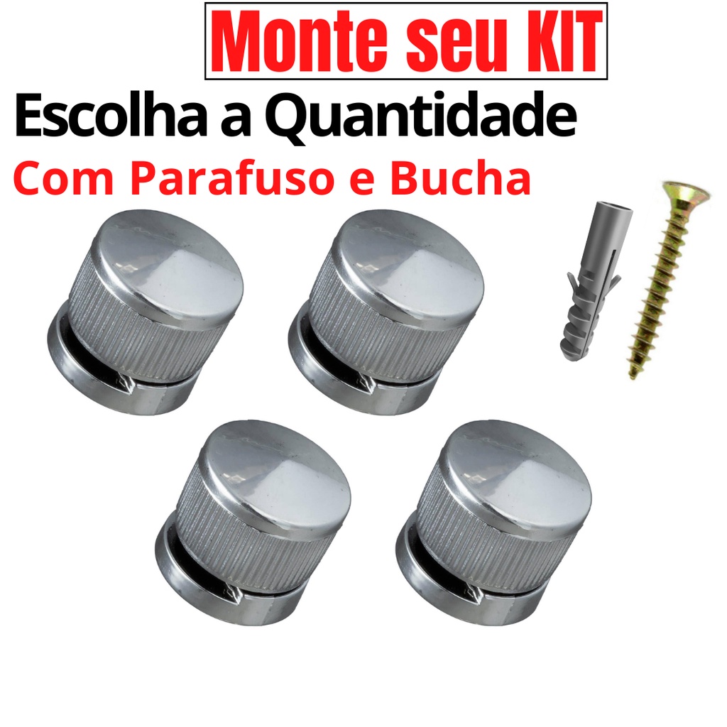 Suporte Espelho Botão Frances com Parafuso e Bucha 6 Kit Suporte Fixar Espelho Parede Vidro Cromado