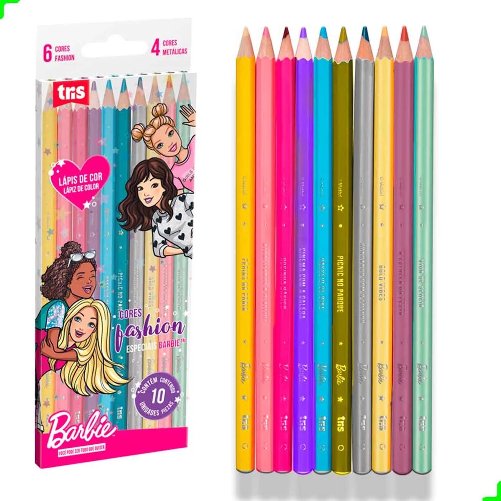 Lapis De Cor Barbie 10 Cores Tons Especiais Sextavado - TRIS | Shopee ...