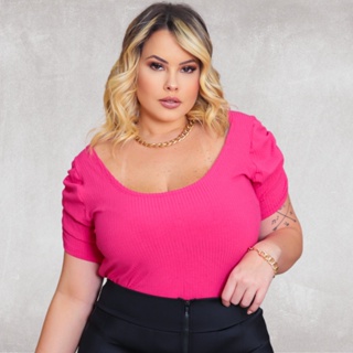 Blusa Plus Size Feminina Manga Princesa Em Malha Canelada