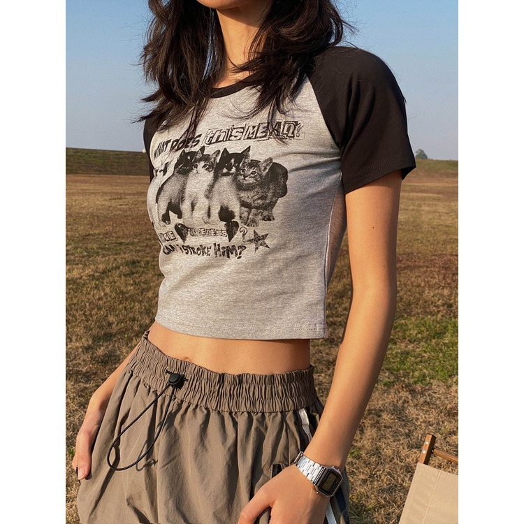 Camiseta Y2k Crop Tops Tees Cat Print Slim Graphic Summer Korean Fashion Harajuku Streetwear Roupa Estética De Manga Curta