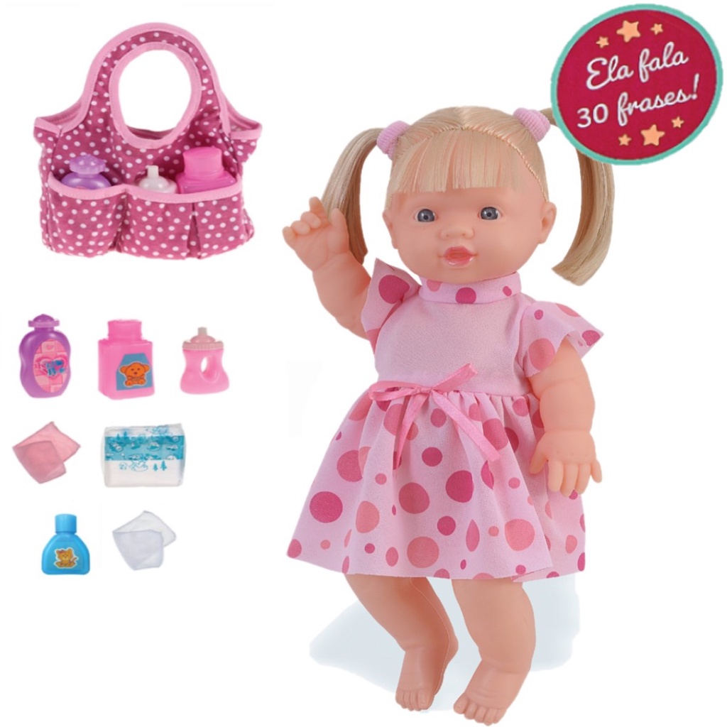 Boneca Bebê Falante Anjo Cachos Castanhos 50cm com 30 Frases - Ri Happy