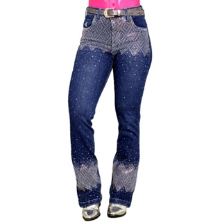 Calça jeans feminina bordada com hot sale strass country