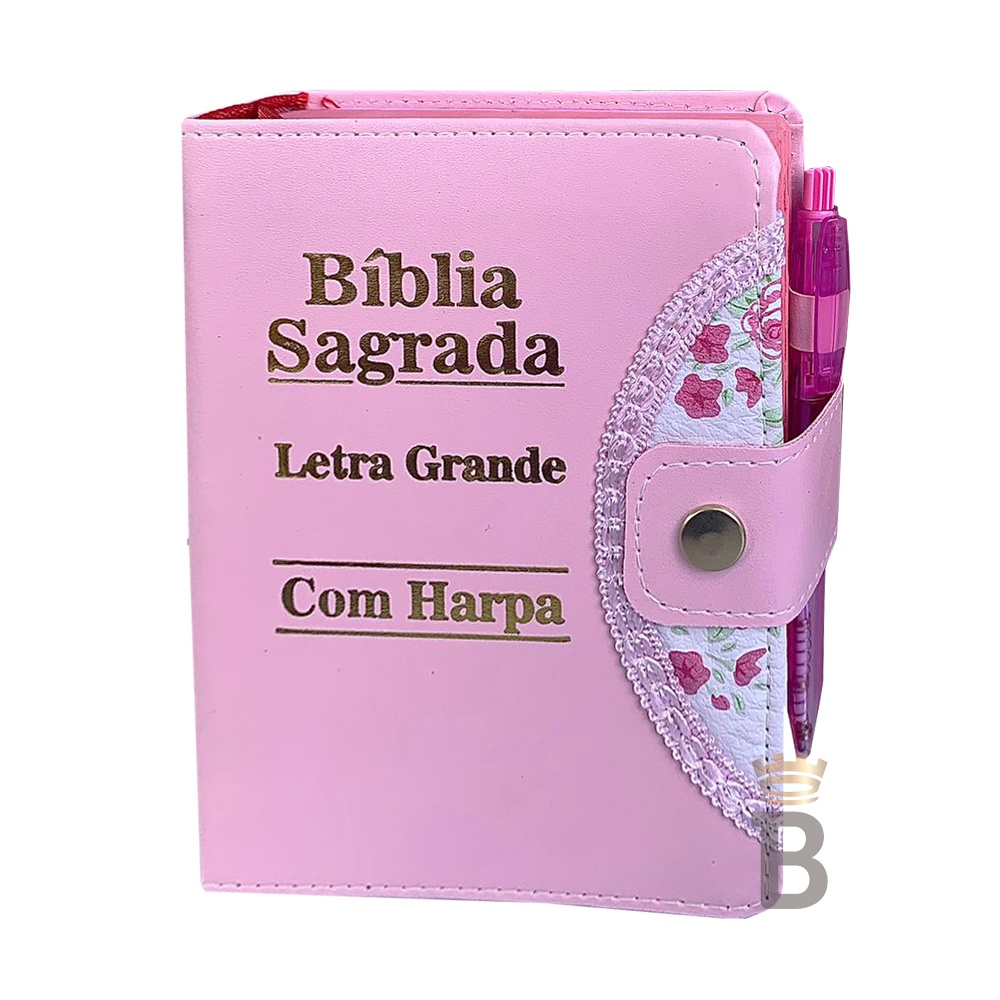 Bíblia Sagrada Letra Grande - Rosa - Botão e Caneta Revista e Corrigida C/ Harpa