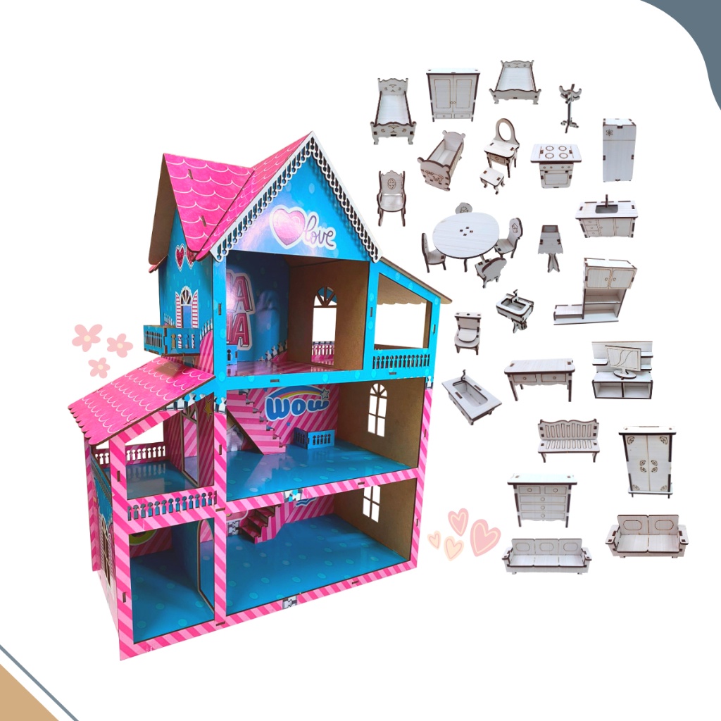 Casa de Boneca mdf Adesivo Infantil Bonecas casinha 56x45cm + 30 Moveis ...