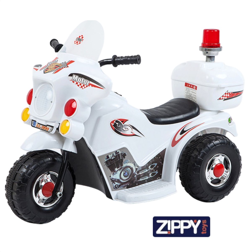 Moto Elétrica Infantil Motinho Com Luz e Sons Sirene Polícia Baú Branco Zippy Toys