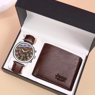 2PCS Men Set with Watch Leather Wallet Causal Carteira De Couro Presente De Feriado De Negócios Requintado