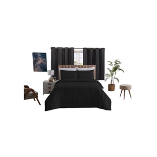 Kit Edredom Micropercal 400Fios Queen 3pcs+ Cortina PVC Blackout Escurece Blecaute 2,20x1,30 Corta Luz