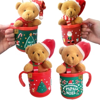 Kit 4 Canecas Natal 200ml + 4 Enfeites Árvore Natal Pelúcia