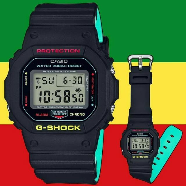 Casi_o G-SHOCK DW-5600 Rasta CMB Espelho De Cartucho Preto v843