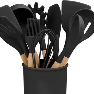 Jogo de Cozinha Kit C/12 Peças de Silicone, Utensílios e Copo Suporte para Cozinha Cabo de Madeira Su