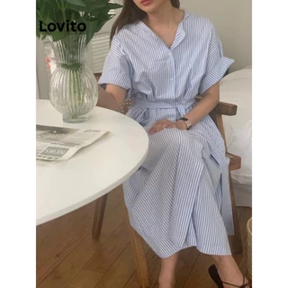 Lovito Vestido Midi A-Line de Manga Curta com Listras e Cinto para Mulheres LNE09194 (Azul)