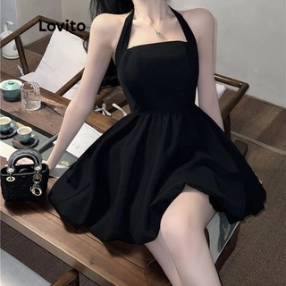 Lovito Vestido com Babados Simples para Mulheres LNE13077 (Preto)
