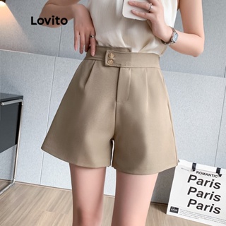 Lovito Shorts com Botões e Cintura Alta Simples Casual para Mulheres LNE13034 (Cáqui)