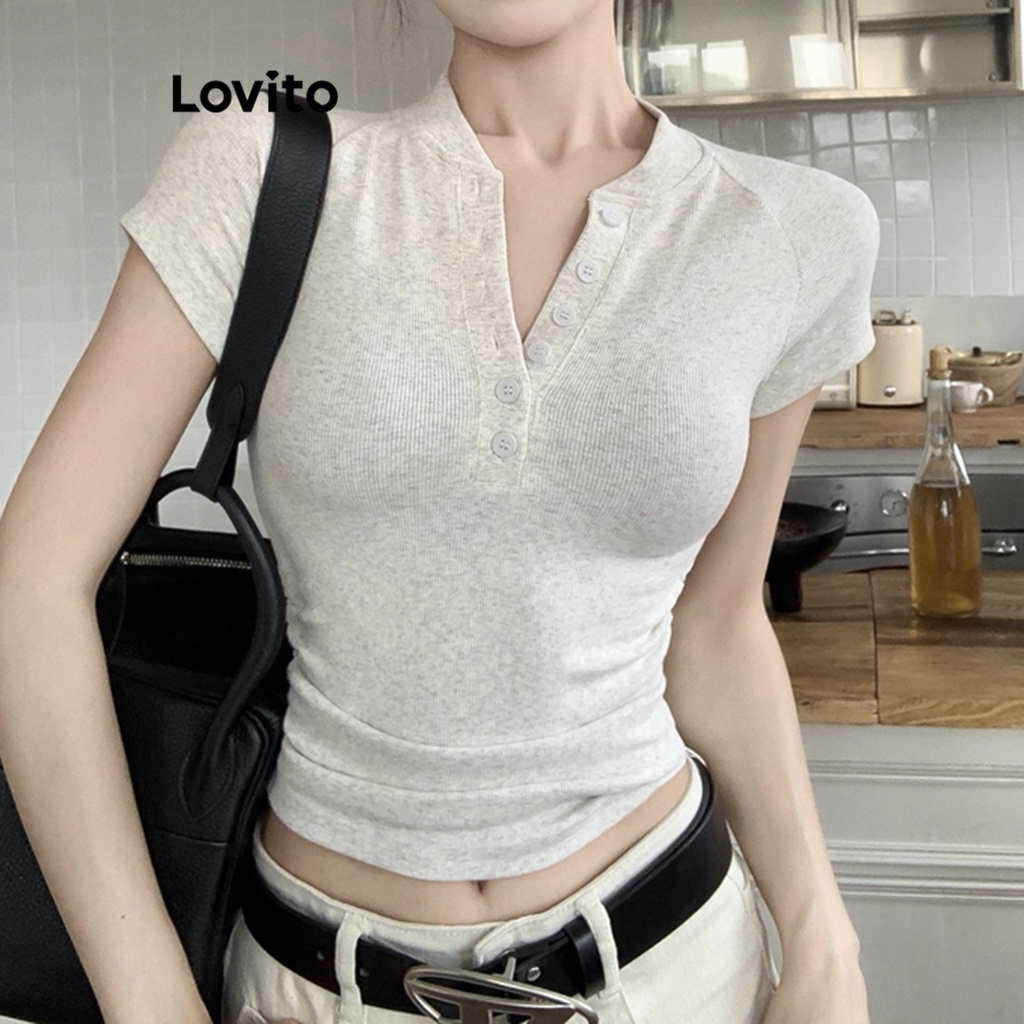 Lovito Camiseta Simples com Botões Frontais para Mulheres LNE16183 (Cinza Claro)